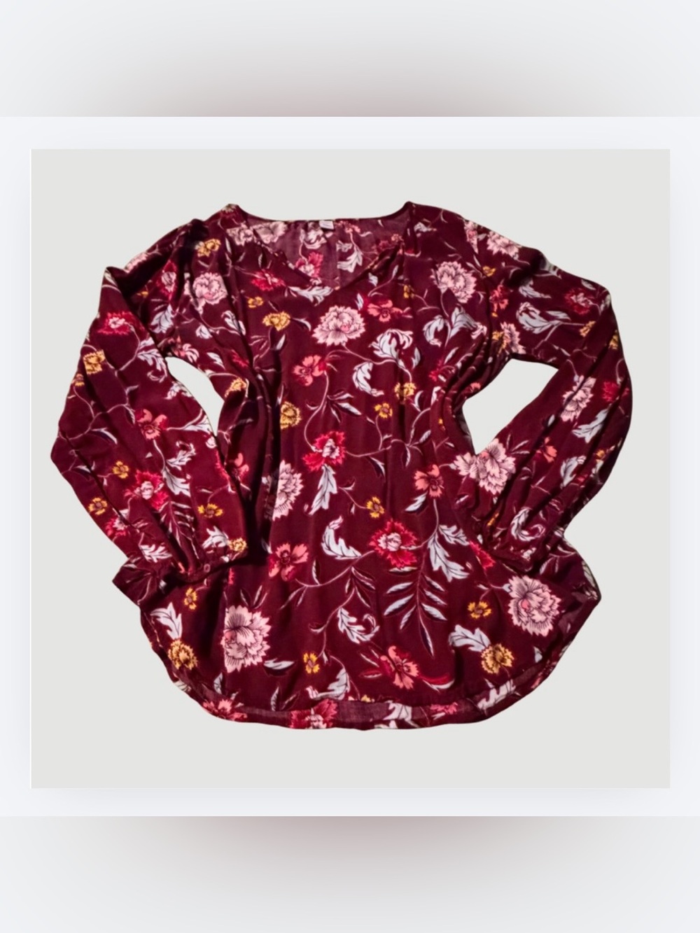 Old Navy Burgundy Floral Long-Sleeve Peasant Blouse, Size XL
